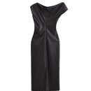 Asymmetric Faux Leather Pleated Maxi Dress – Slim Fit