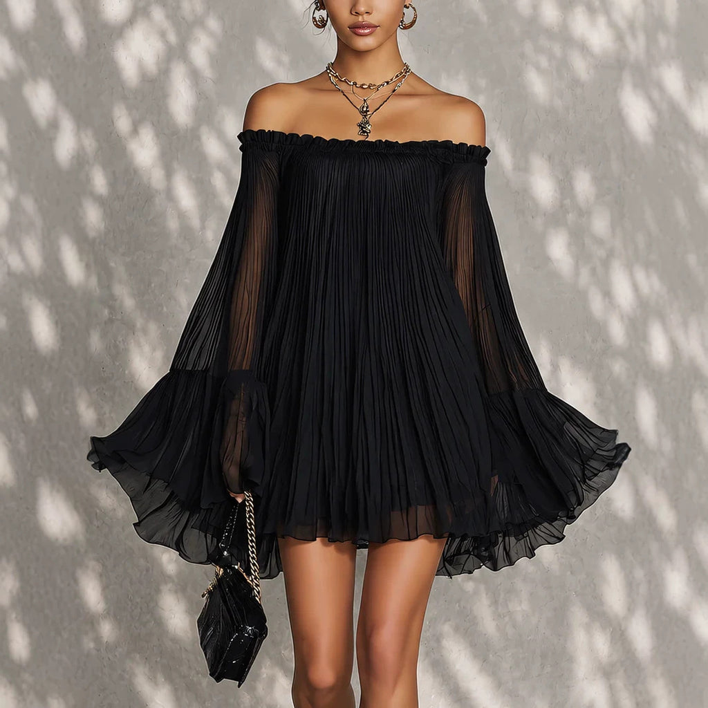 Off-Shoulder Pleated Mini Dress