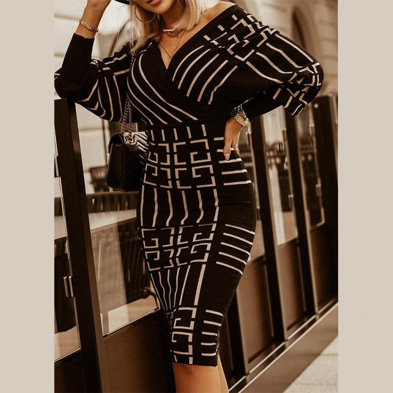 Geometric V-Neck Sweater Dress