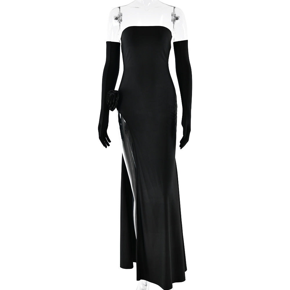 Floral Strapless Backless Slit Maxi Dress – Elegant & Sexy