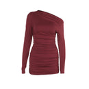 Sexy slim fit slanted shoulder pleated off shoulder dress for women