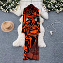 European and American women's dress slim fit and fashionable printed high neck slit long knitted dress