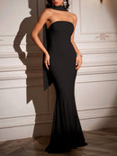 Elegant Fitted Strapless Ribbon-Trimmed Sheath Dress for Women Party Evening Gown