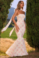 Elegant Fitted Strapless Ribbon-Trimmed Sheath Dress for Women Party Evening Gown