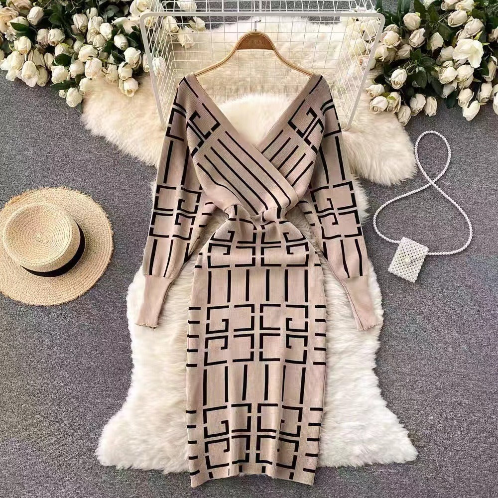 Geometric V-Neck Sweater Dress