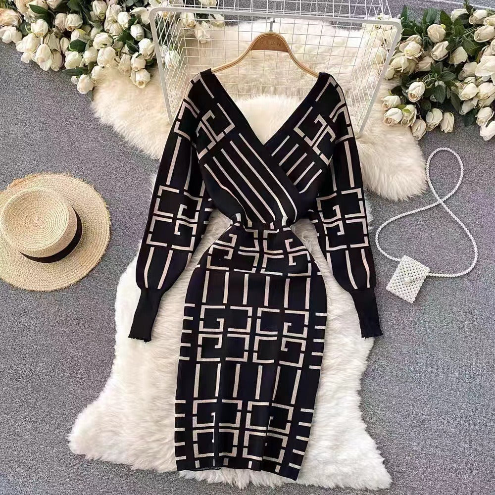Geometric V-Neck Sweater Dress