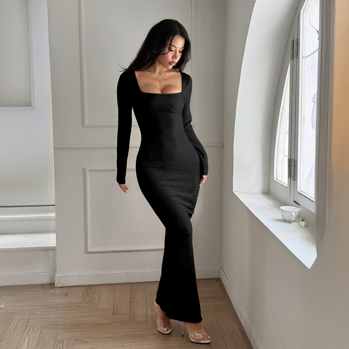 Square Neck Long Sleeve Knit Maxi Dress – Solid Color