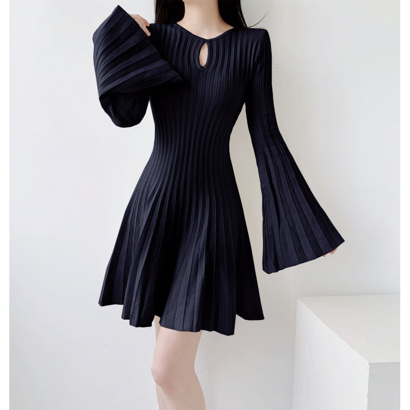 Round Neck Long Sleeve A-Line Mini Dress – Waist-Cinched