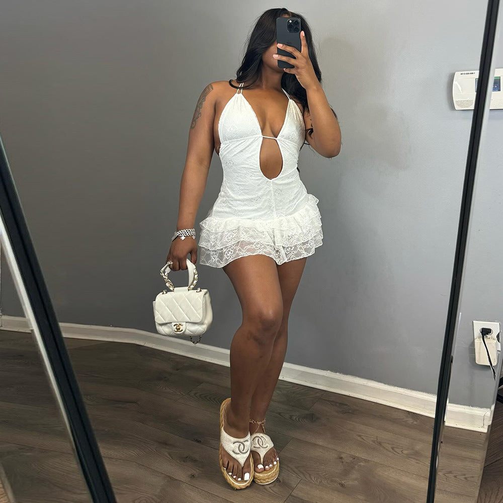 Lace Backless Cake Mini Dress – V-Neck Sleeveless