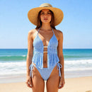Beach solid color lace up black neck hanging women's swimsuit