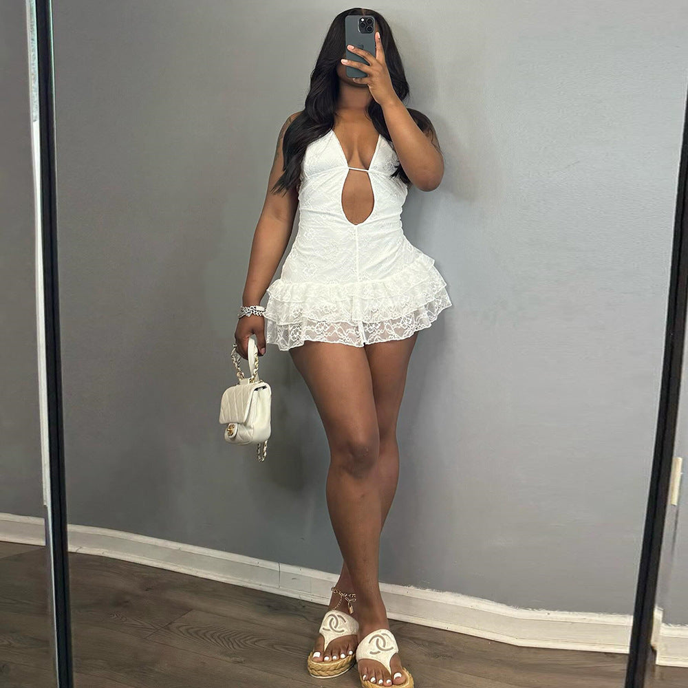 Lace Backless Cake Mini Dress – V-Neck Sleeveless