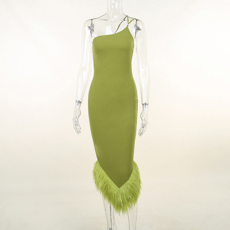One-Shoulder Fur-Hem Bodycon Maxi Dress