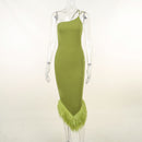 One-Shoulder Halterneck Fur Hem Dress Autumn Sexy Temperament Commuter Slim Long Skirt Women