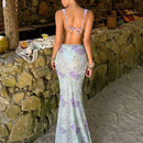 Three piece swimsuit set with retro printed snake skin