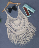 Sheer Hand-Crocheted Fringe Patchwork Beach Bikini Cover-Up Strappy Dress