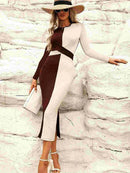 Two Tone Slit Round Neck Long Sleeve Midi Dress