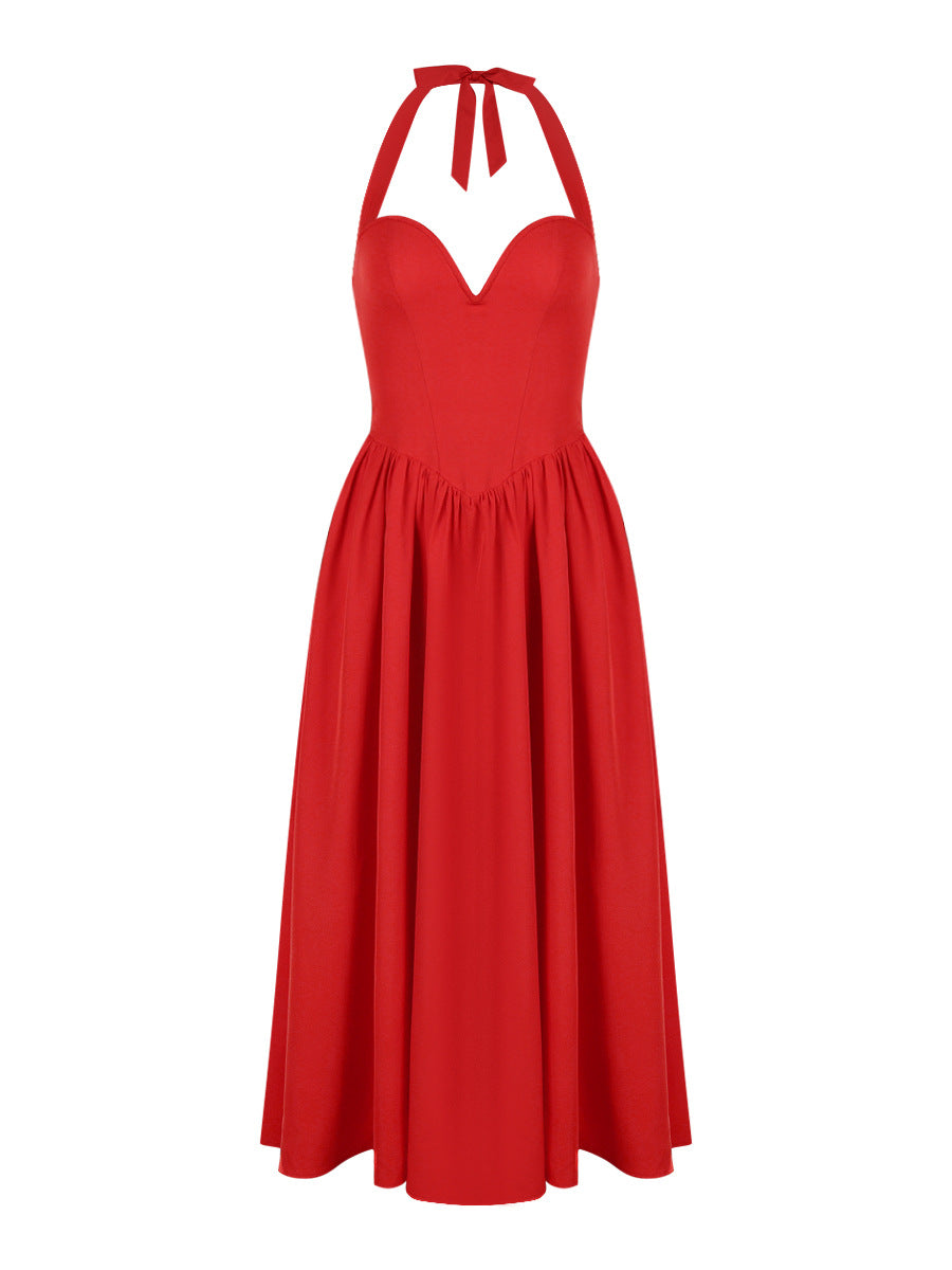 Deep V Backless Satin Midi Dress – Sexy Red Elegant