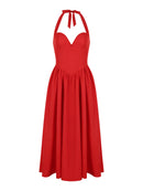 Deep V Backless Satin Midi Dress – Sexy Red Elegant