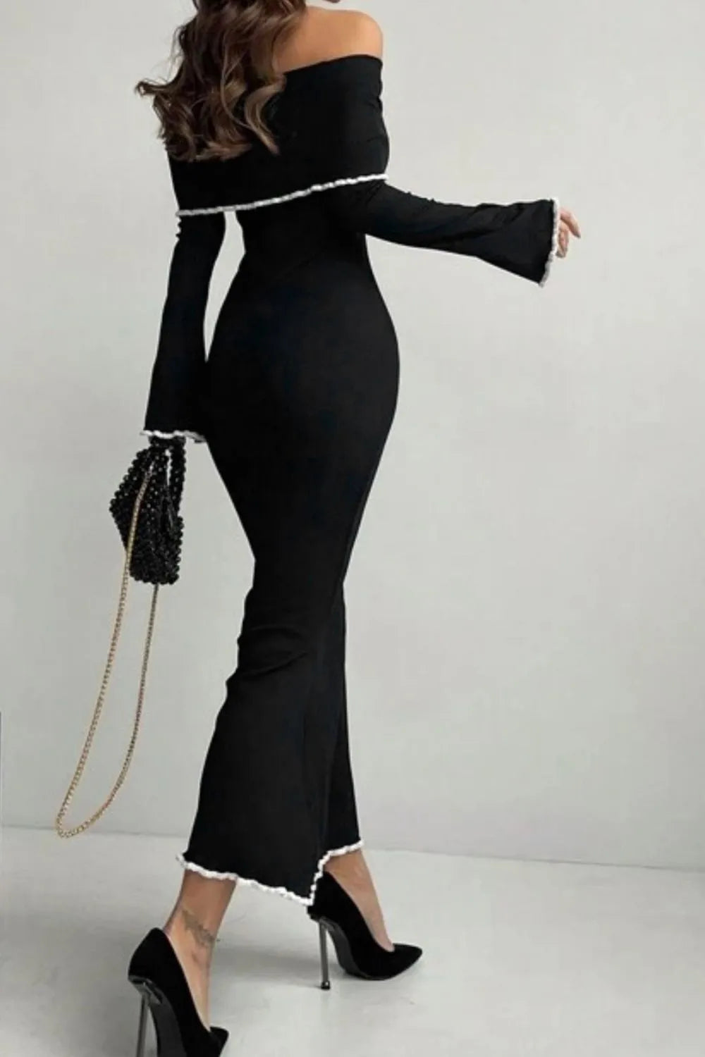 Off-Shoulder Long Sleeve Contrast Trim Maxi Sweater Dress