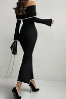 Off-Shoulder Long Sleeve Contrast Trim Maxi Sweater Dress