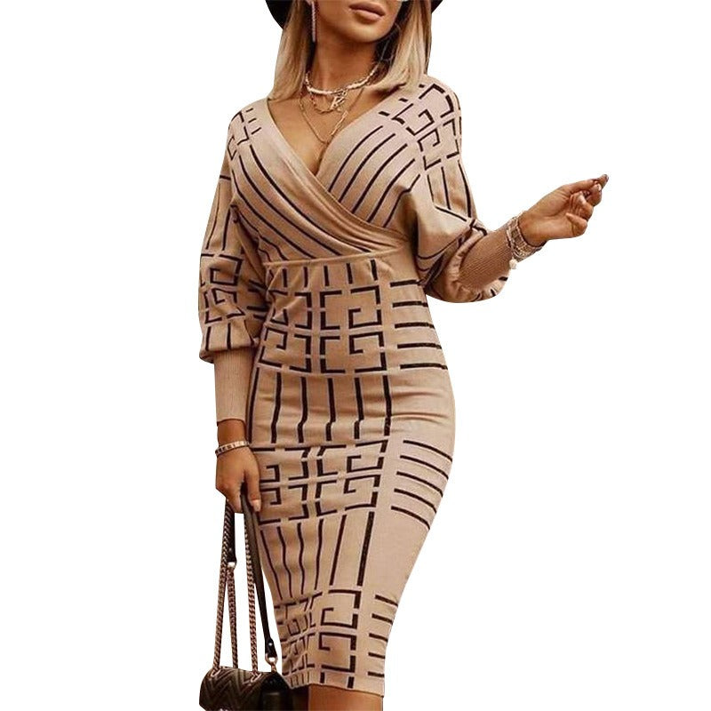 Geometric V-Neck Sweater Dress