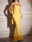 Elegant Fitted Strapless Ribbon-Trimmed Sheath Dress for Women Party Evening Gown