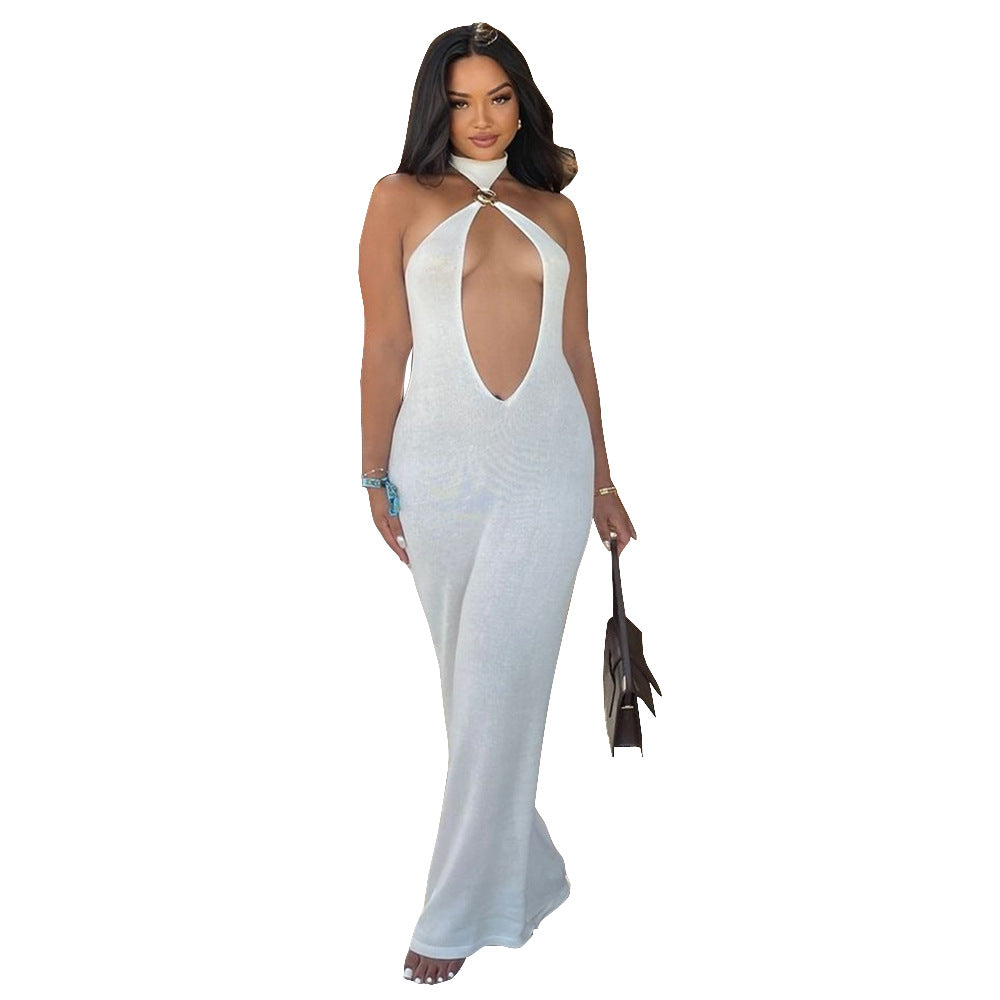 Halter Neck Backless Maxi Dress – Metal Detail Sleeveless