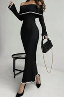 Off-Shoulder Long Sleeve Contrast Trim Maxi Sweater Dress