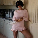 Sexy tight short skirt, ruffle edge dress, rolled edge knitted skirt, long sleeved solid color women's autumn and winter skirt