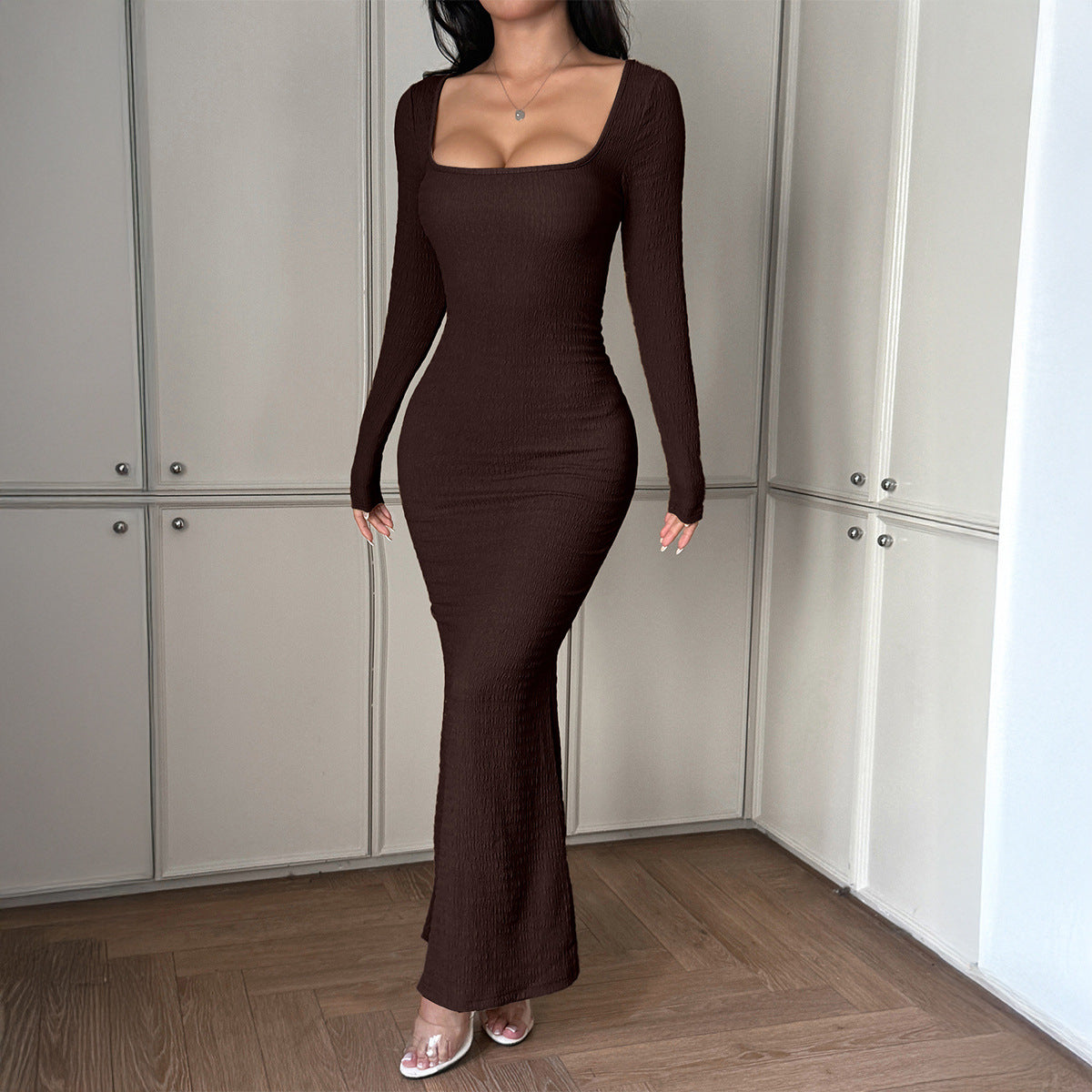 Square Neck Long Sleeve Knit Maxi Dress – Solid Color