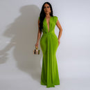Women's Fashion Solid Color Sexy Deep V-neck Tight Hip hugging Dress Long Skirt Dress