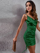 Side Drawstring Ruched Cowl Neck Mini Cami Dress