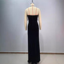 Fashionable backless neck hanging sexy strapless, diamond studded, slim fit, slit cut long, hip hugging dress for women