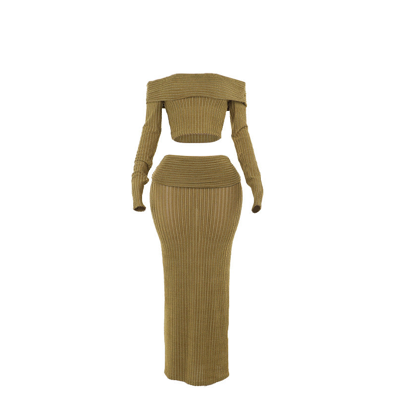 One Shoulder Faux Fur Top & Maxi Skirt Set – Elegant Two-Piece