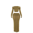 One Shoulder Faux Fur Top & Maxi Skirt Set – Elegant Two-Piece