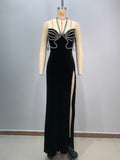 Fashionable backless neck hanging sexy strapless, diamond studded, slim fit, slit cut long, hip hugging dress for women