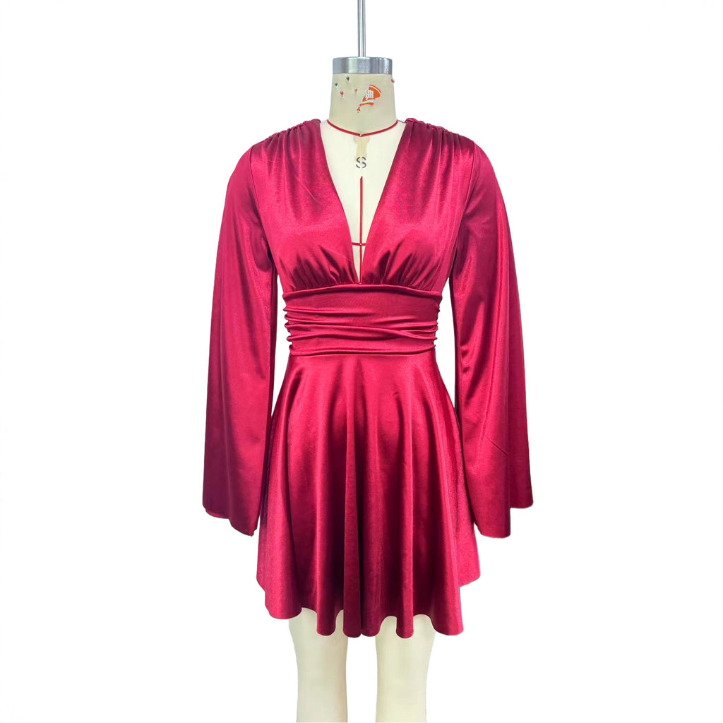 V-Neck Three-Quarter Sleeve Midi Dress – Elegant Solid Color