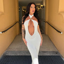 Backless hanging neck metal decorative dress for women