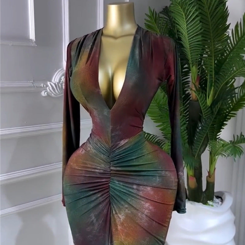 Printed V-Neck High Waist Bodycon Dress – Sweet Long Sleeve