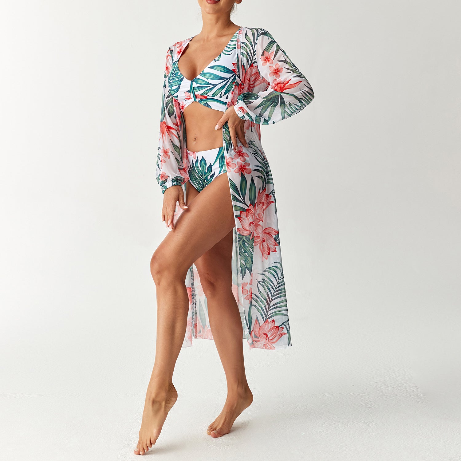 Printed Long-Sleeve Three-Piece Swim Set