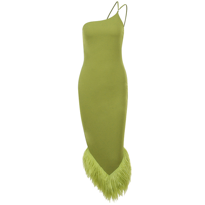 One-Shoulder Halterneck Fur Hem Dress Autumn Sexy Temperament Commuter Slim Long Skirt Women