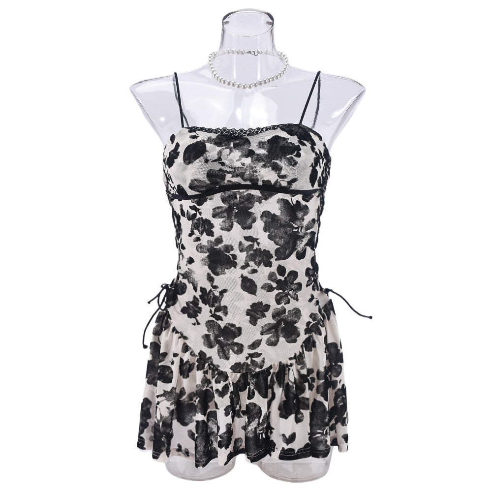 Mesh Flocking See-Through Mini Nightgown Dress – Sexy One Shoulder
