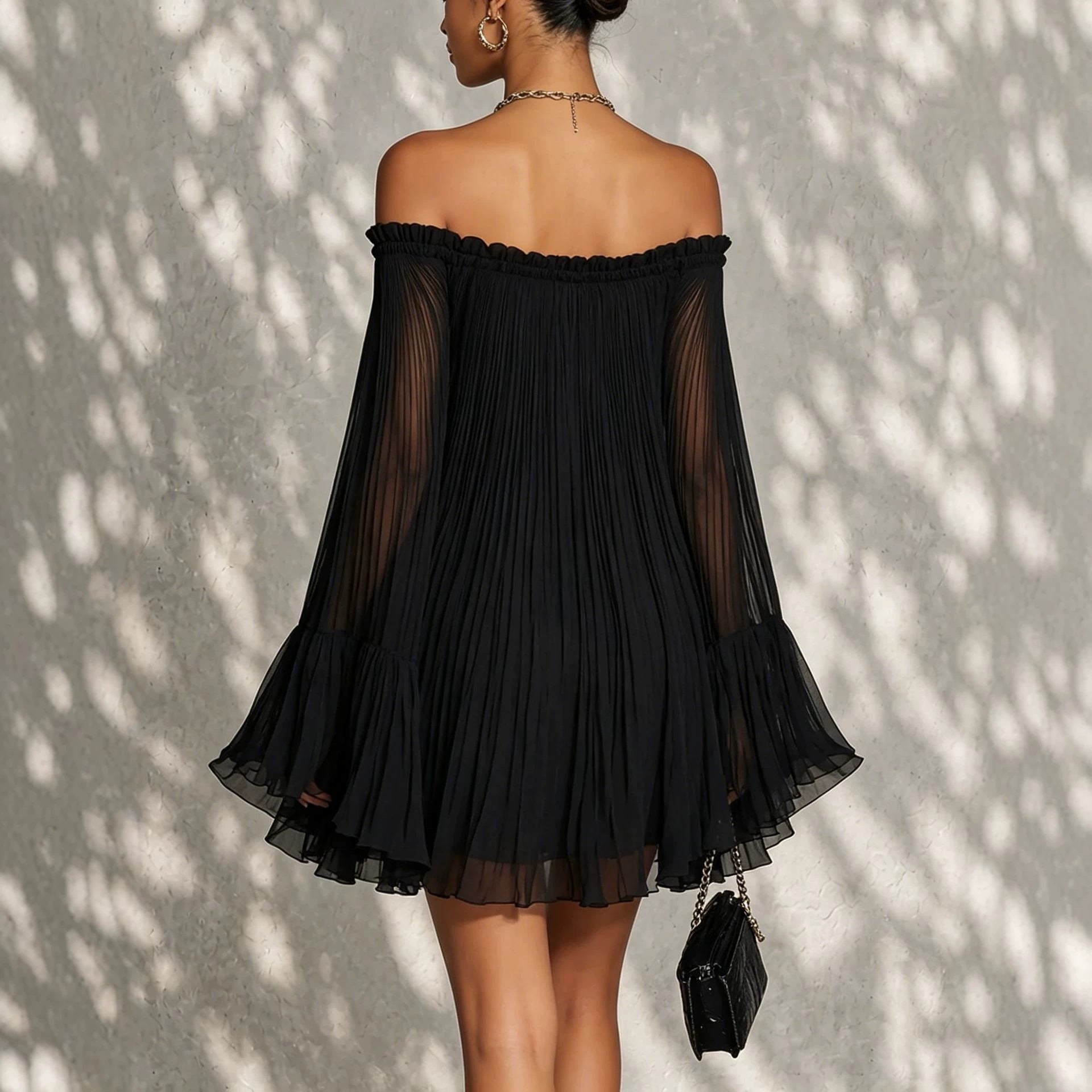 Off-Shoulder Pleated Mini Dress