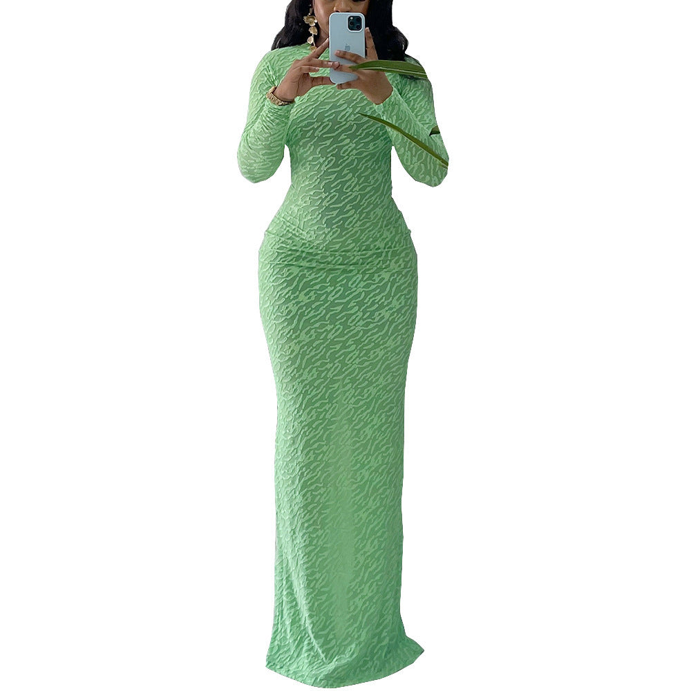 Plush Round Neck Slim Fit Maxi Dress – Long Sleeve