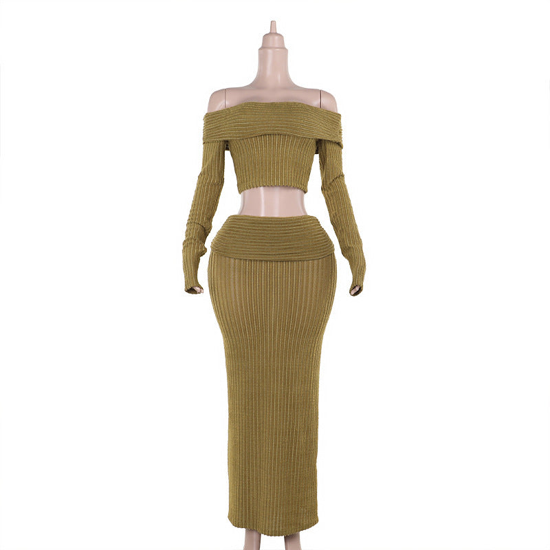 One Shoulder Faux Fur Top & Maxi Skirt Set – Elegant Two-Piece
