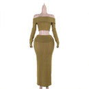 One Shoulder Faux Fur Top & Maxi Skirt Set – Elegant Two-Piece