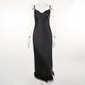 Sling Satin Fur Dress Autumn Fashion Women Sexy Open Back Slit Long Skirt
