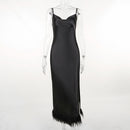 Sling Satin Fur Dress Autumn Fashion Women Sexy Open Back Slit Long Skirt
