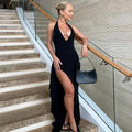 Halter V-Neck Open-Back Maxi Dress