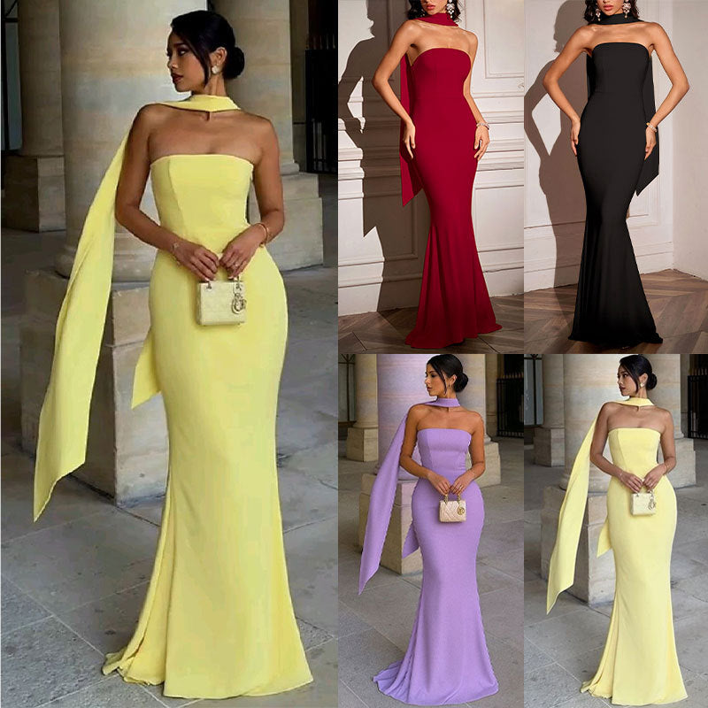 Strapless Ribbon-Trimmed Bodycon Evening Gown – Formal Party Dress